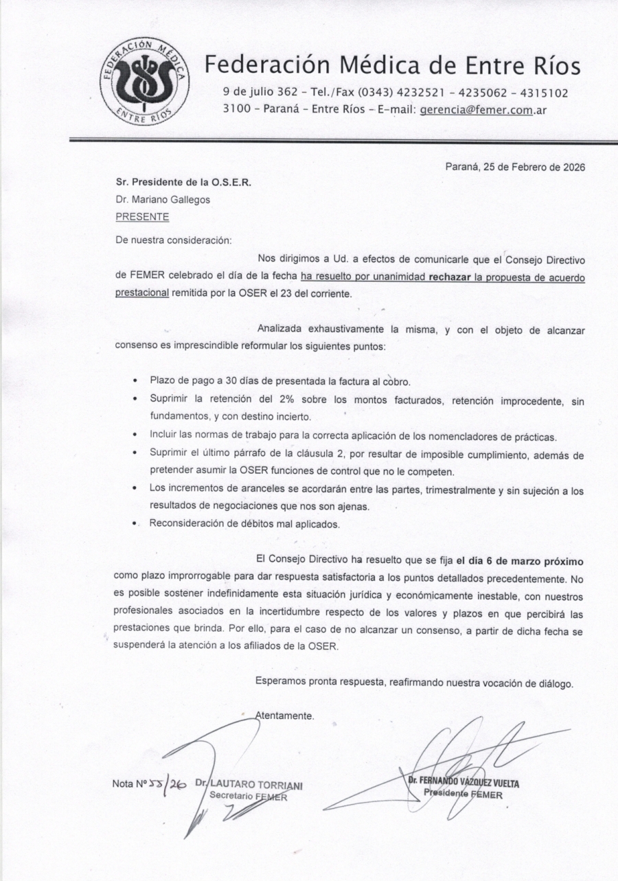 El Consejo Directivo de FEMER rechazó la propuesta de OSER
